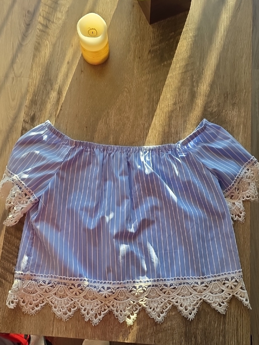 Ambiance Blue and White Striped Off-Shoulder Lace Trim Top